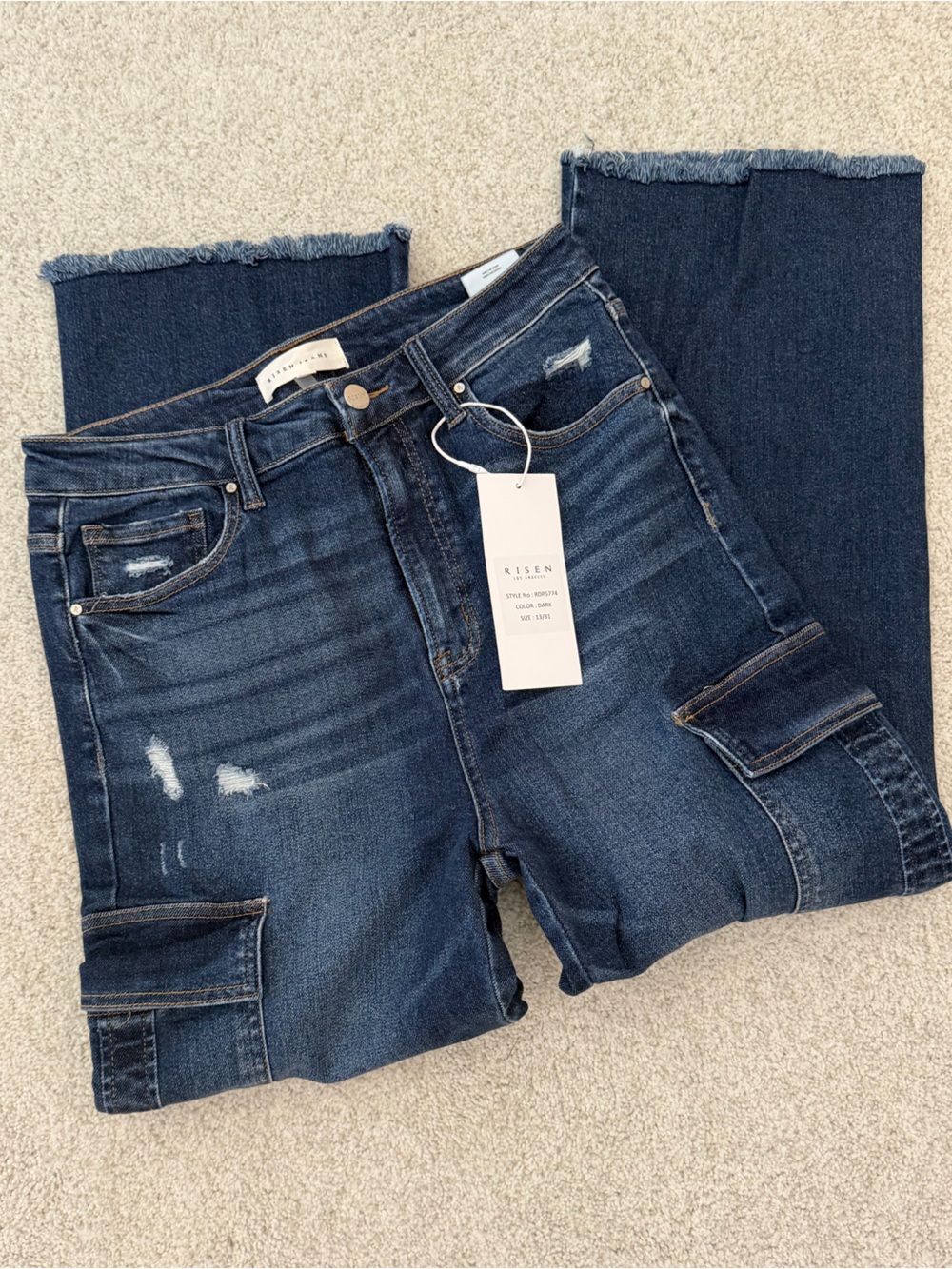 Risen Dark Indigo Cropped Cargo Jeans with Frayed Hem